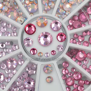 Смешанные размеры блестящие розовые серии Горячая фиксация плоские круглые грани алмазные стразы для дизайна ногтей украшения Маникюр DIY колесо