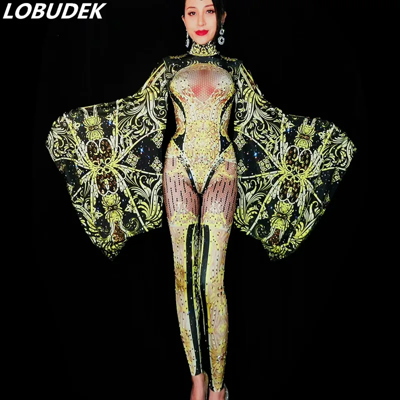 Женский праздничный сценический костюм яркие Стразы летучие мыши рукава