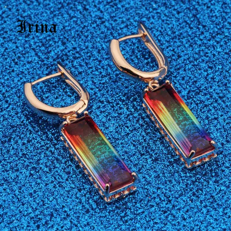 Висячие серьги Irina розового золота с красочными кристаллами геометрические для