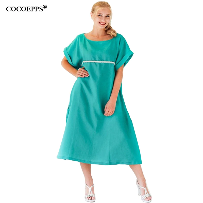 Женское платье COCOEPPS зеленое и оранжевое однотонное с круглым вырезом большие