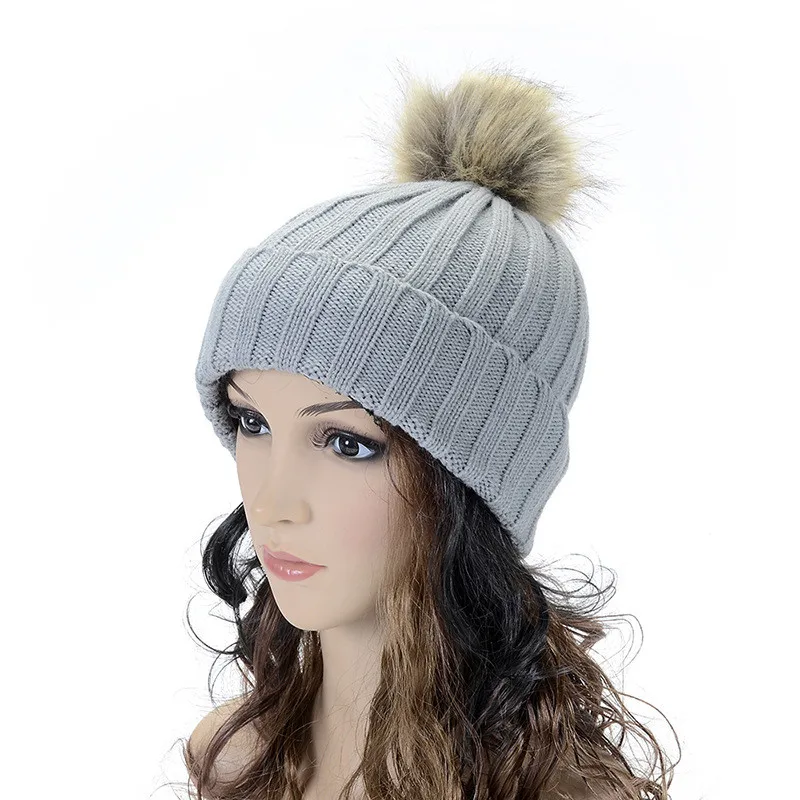 New Hat Female Classic Knitted Faux Fur Pom Poms Women Cap Headdress Head Warmer Women's Winter Hats Skullies Beanies BD01 | Аксессуары