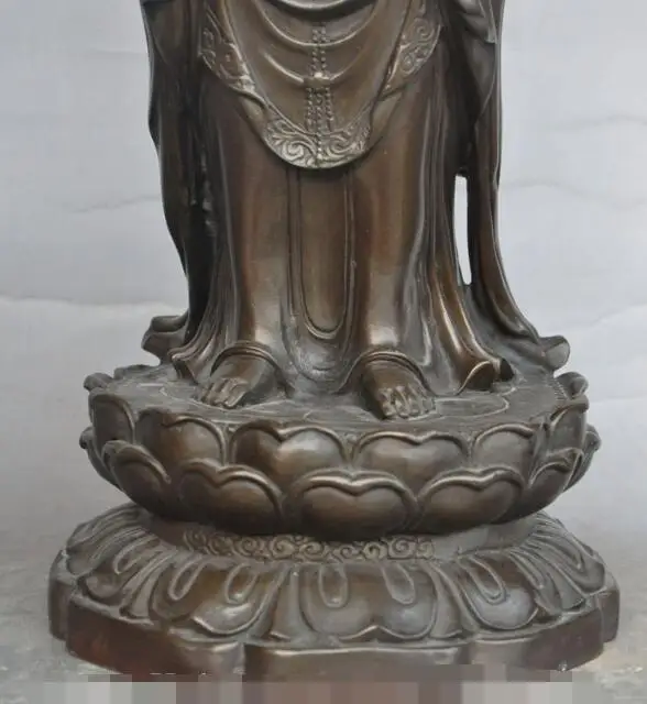 

Free shipping S03532 14"chinese buddhism bronze stand lotus guanyin bodhisattva kwanyin buddha statue
