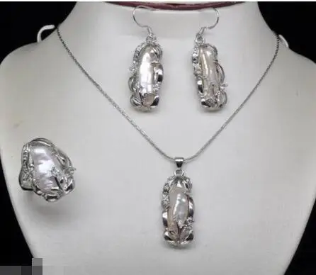 Zxia оптовая цена + Мода натуральный белый Biwa Жемчужное ожерелье серьги Ring8 # наборы