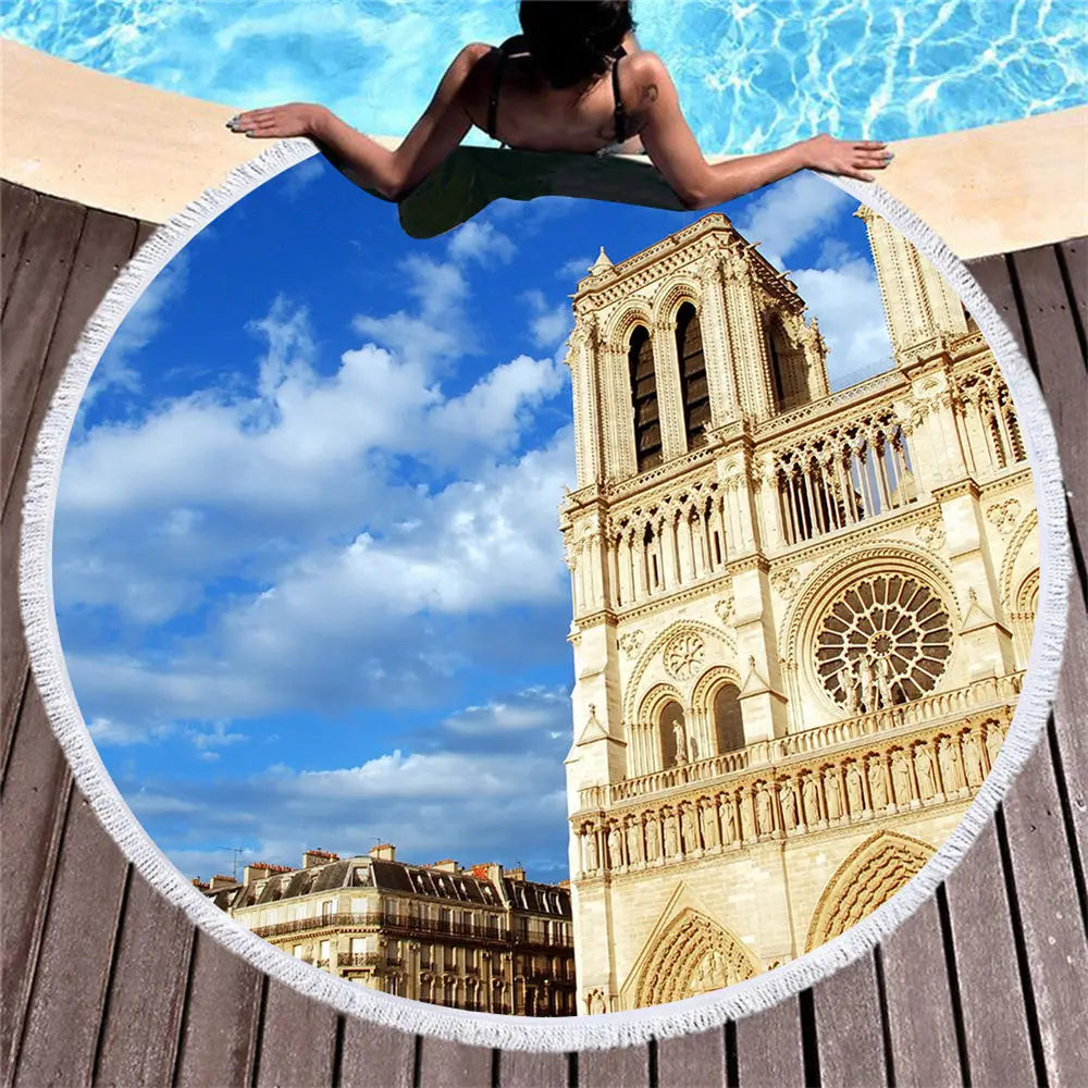 Building Series Printed Round Beach Towel Tower Night View Beautiful Home Decor Tapestry Swimming Microfiber |