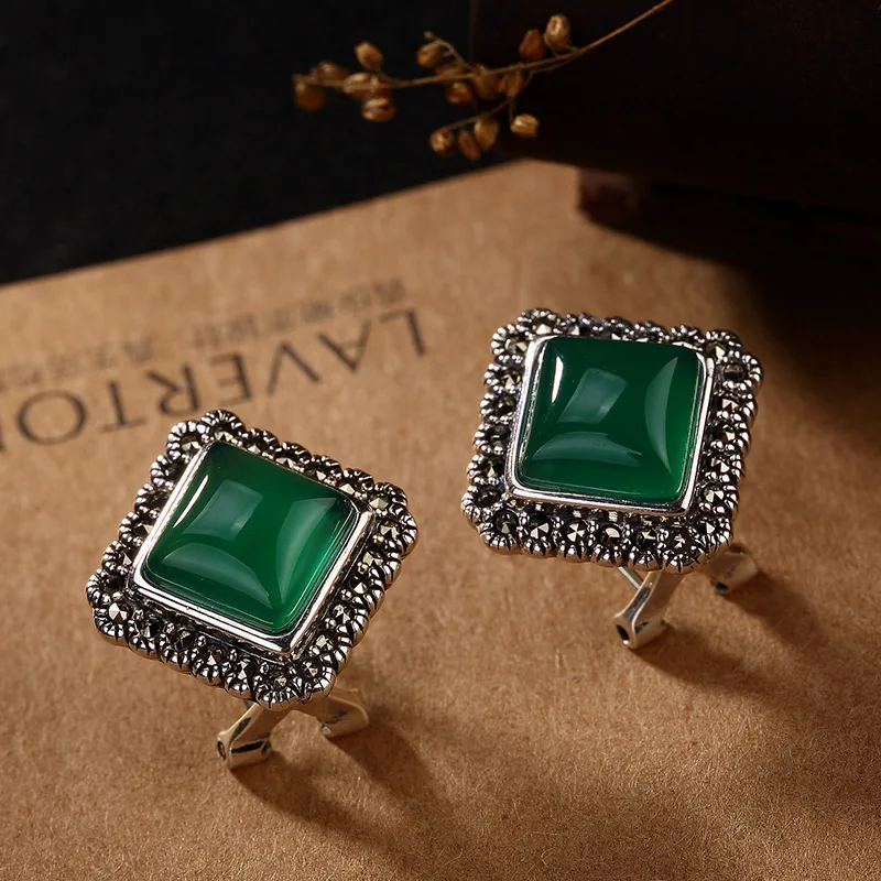 Silver S925 Pure Retro Mosque St2018 Mosaic Jade Agate Pomegranate Red Square High-end Lady Eardrop. | Украшения и аксессуары