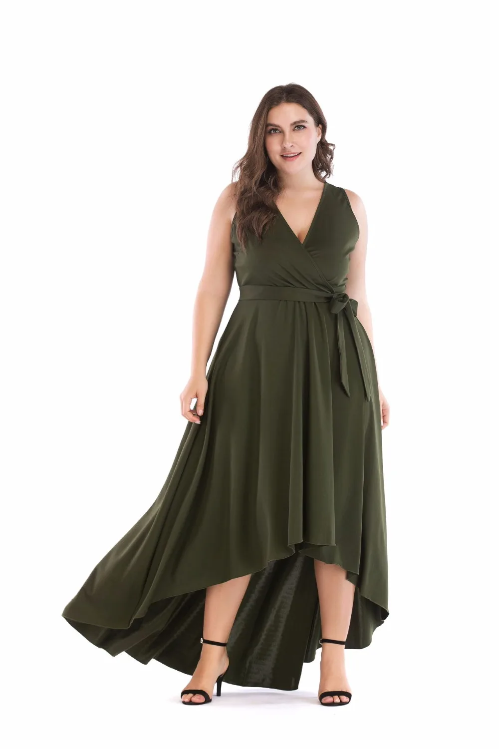 Large Size Party Deep V Neck Sleeveless Maxi Dress Amy Green Lady Evening Swing Asymmetrical Hem High Low Cami 5XL | Женская одежда