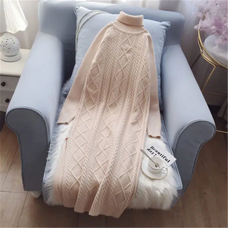beige Модные свитера с высоким воротом, женские пуловеры на осень и зиму, корейское свободное вязаное платье, новинка, платье-свитер X123 - Цвет: beige