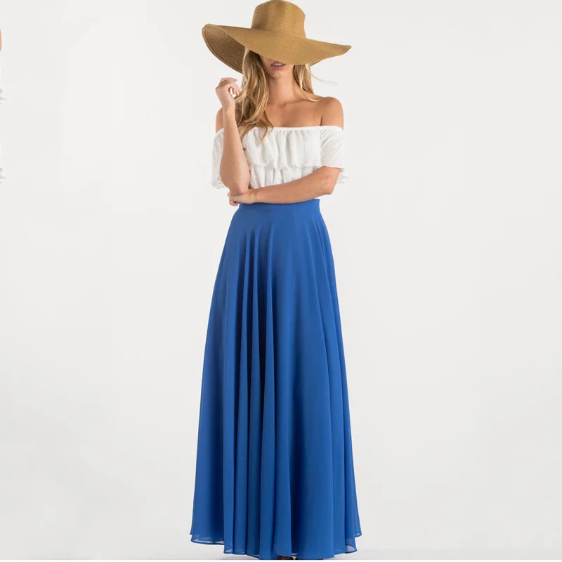 

Boho Royal Blue Long Chiffon Skirts Women Zipper Aline Female Adult Summer Skirt Custom Made Saias 2018 Jupe Longue Femme