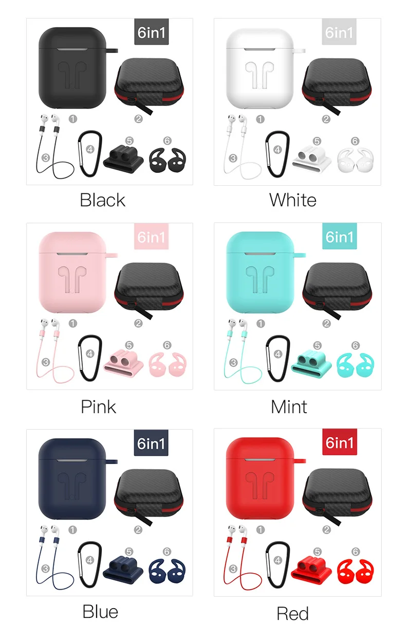 Airpods чехол для наушников силиконовый защитный чехол Аксессуары для кожи для Apple беспроводные Bluetooth наушники 6-шт набор