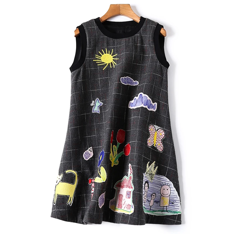 

Autumn Winter MINI Dress Sweet Sleeveless Dresses Woolen Women Plaid Embroidery Cartoon Dress vestidos Robe Femme Jurken NS72