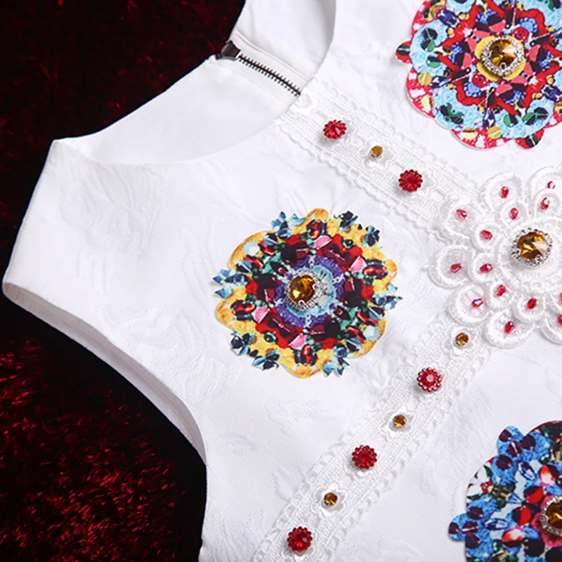 

New Designer Runway Summer Dress Women's Elegant Crystal Button Flower Beading Embroidered Sleeveless Tank Short Dress