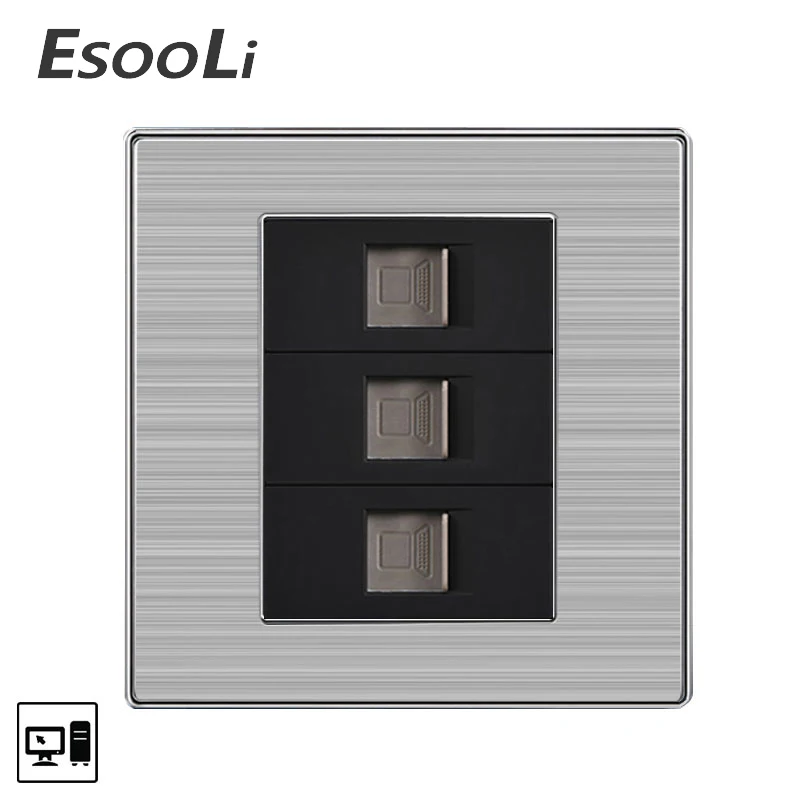 EsooLi настенная Тройная 3 интернет розетка мощность компьютерная Enchufe нержавеющая