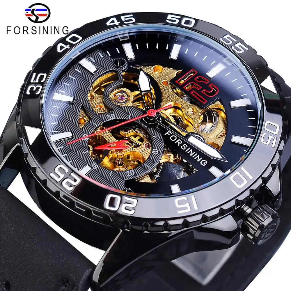 

Forsining Brand Men Sport Watch Automatic Half Skeleton Hollow Black Luminous Clock Genuine Leather Male Mechanical Wristwatches