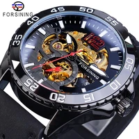 forsining brand men sport watch automatic half skeleton hollow black luminous clock genuine leather male mechanical wristwatches