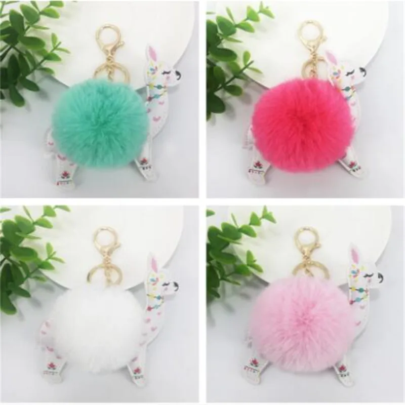 WKOUD Fluffy Fur Ball Cute Alpaca Keychain Leather Animal Keyring Chaveiros Artificial Rabbit Pompom Key Chain Women Jewelry | Украшения и