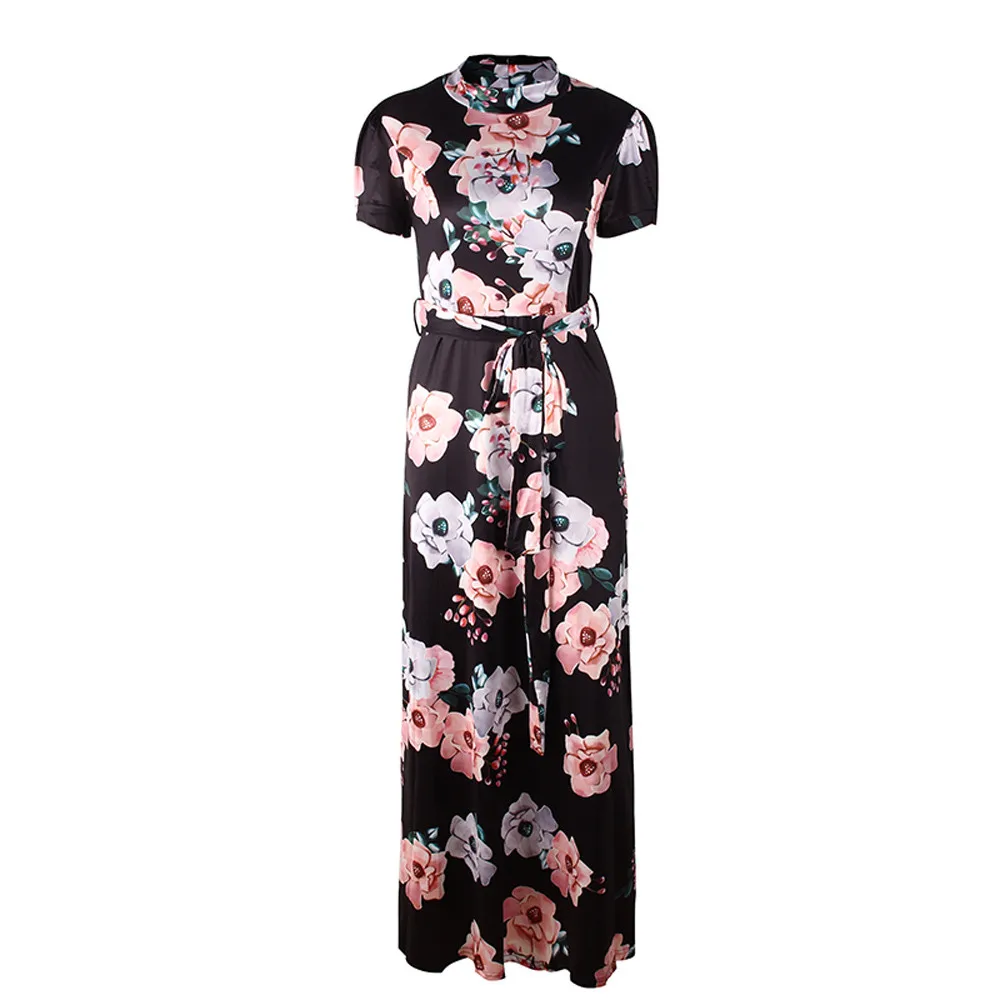 

Fanco Dress Fashion Women O-Neck Floral Printed Short Sleeve High Waist Sashes Casual Bandage Floor-Length Vestidos