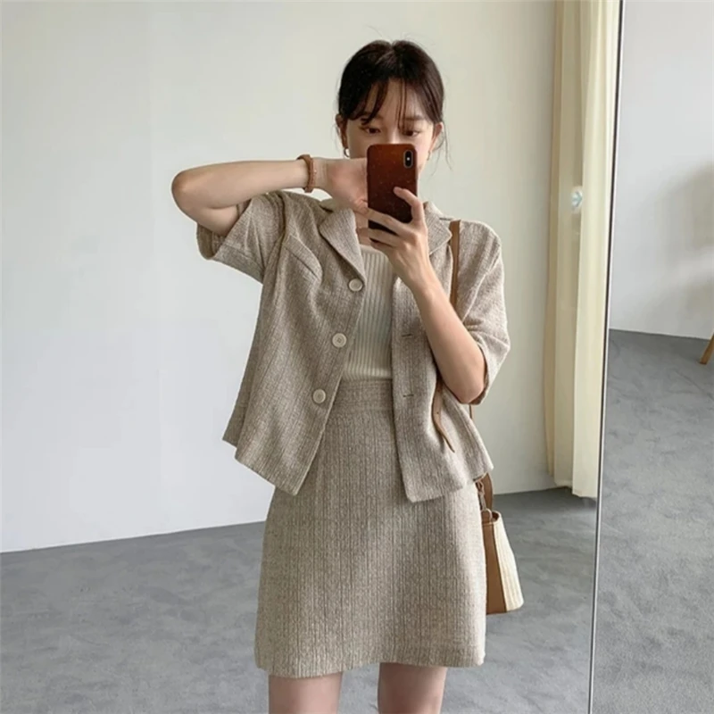 HziriP Корея элегантная женская летняя однотонная OL Повседневная свежая рубашка с коротким рукавом+ прямые юбки с высокой талией комплект из 2 предметов