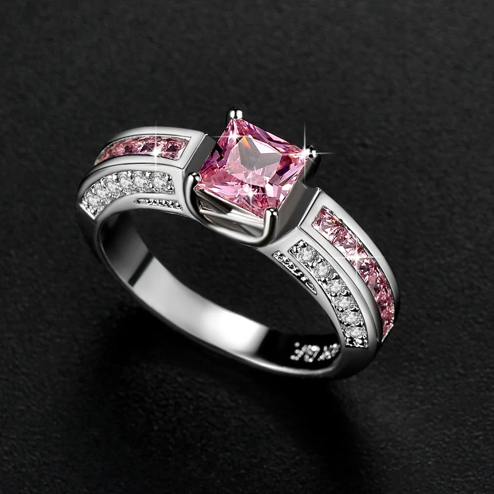 Silver Plated Ring for Wemon Simple and Solid Pink &amp Blue Color Stones Square Crystals Surround Full Sizes | Украшения и