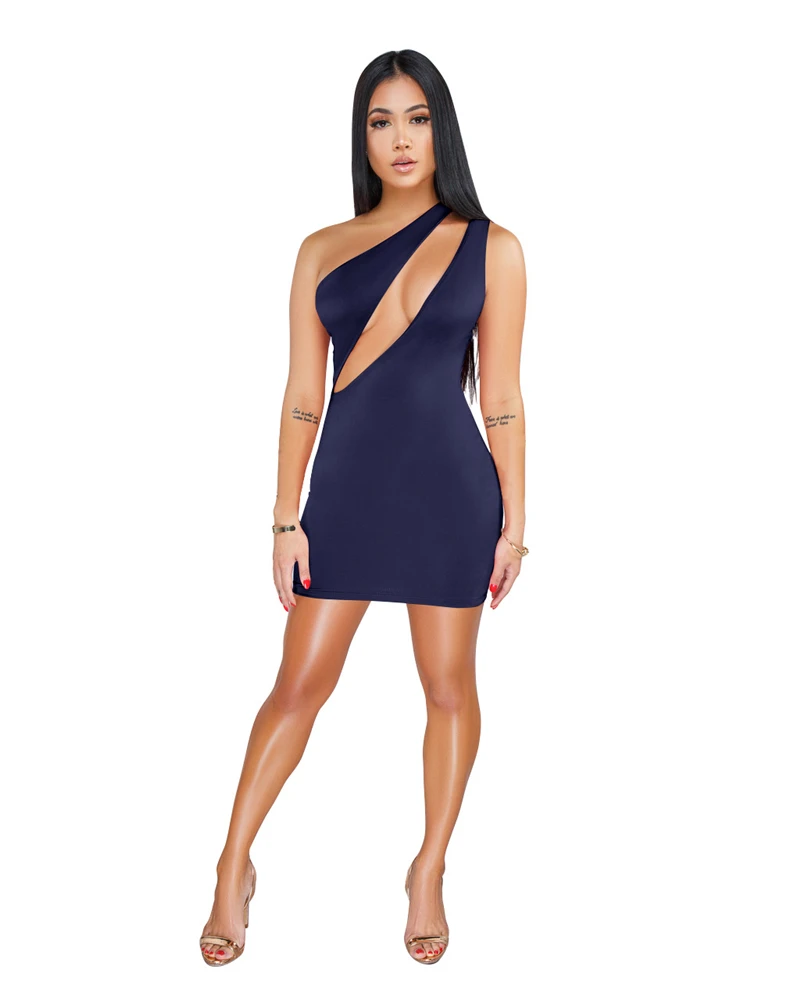 Adogirl Solid Hollow Out One Shoulder Bodycon Dress Women Sexy Sleeveless Sheath Mini Evening Party Dress Night Club Wear Outfit