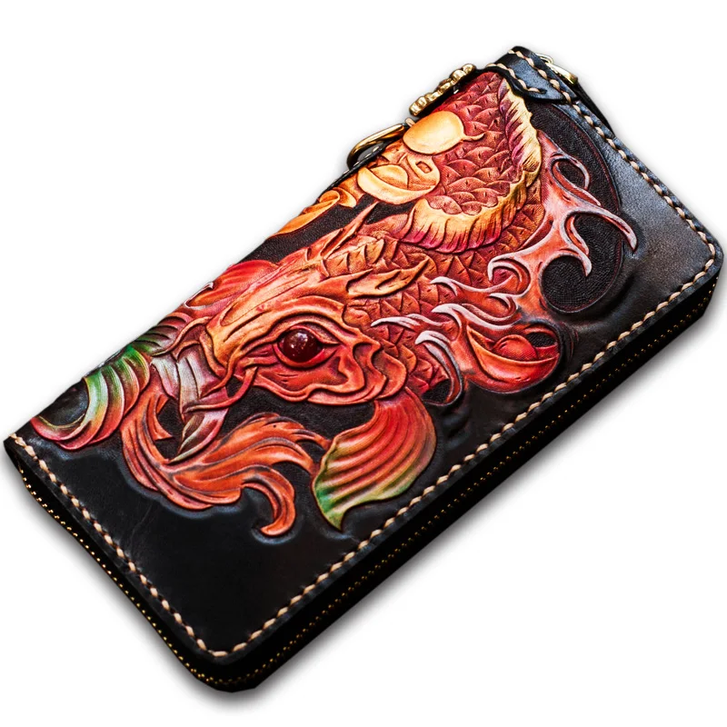 

Chinese Style Handmade Money Prinus Carpiod Women Wallets Bag Purses Men Long Clutch Vegetable Tanned Leather Free Design Gifts