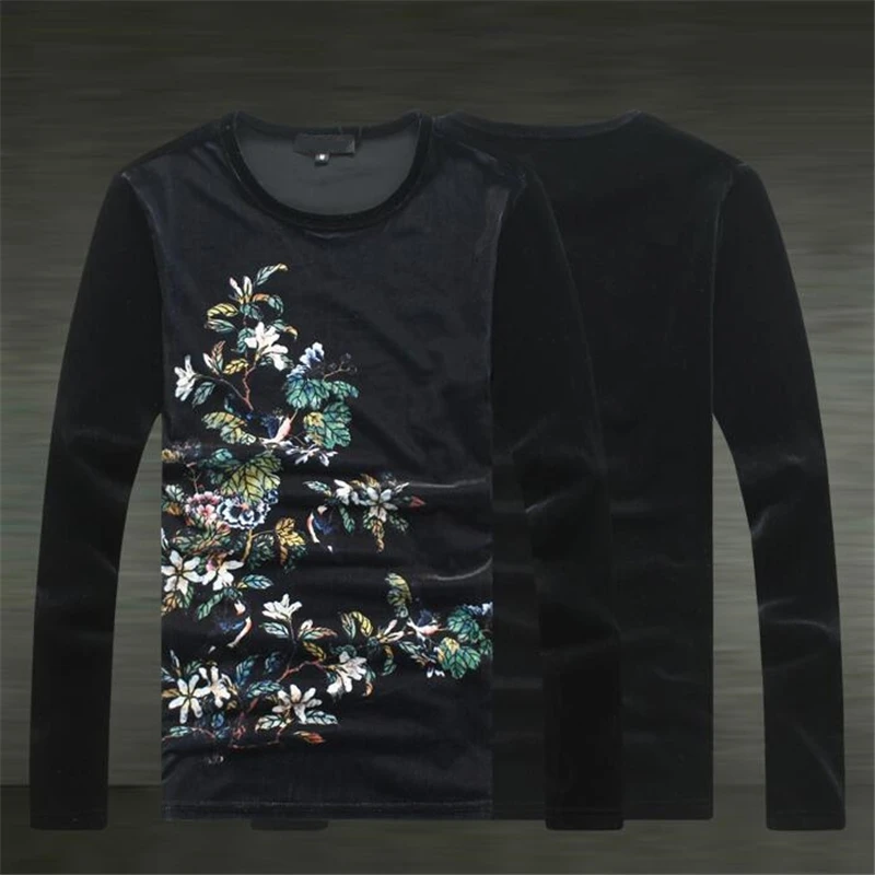 

Chinese style floral pattern printing fashion long sleeve t shirt Autumn 2017 soft skin-friendly gold velvet quality t shirt men