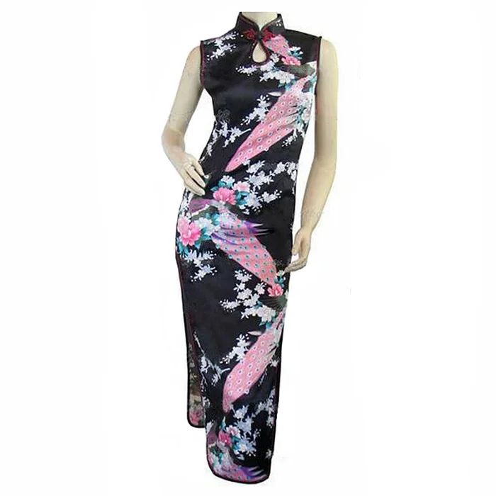 Женское длинное платье Ципао черное шелковое из искусственного шелка с цветами