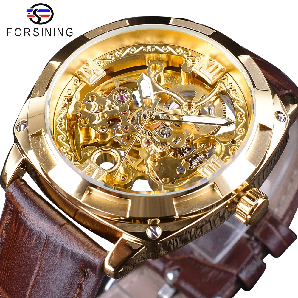 

Forsining Royal Golden Flower Transparent Brown Leather Belt Creative 2018 Mens Watch Top Brand Luxury Skeleton Mechanical Watch