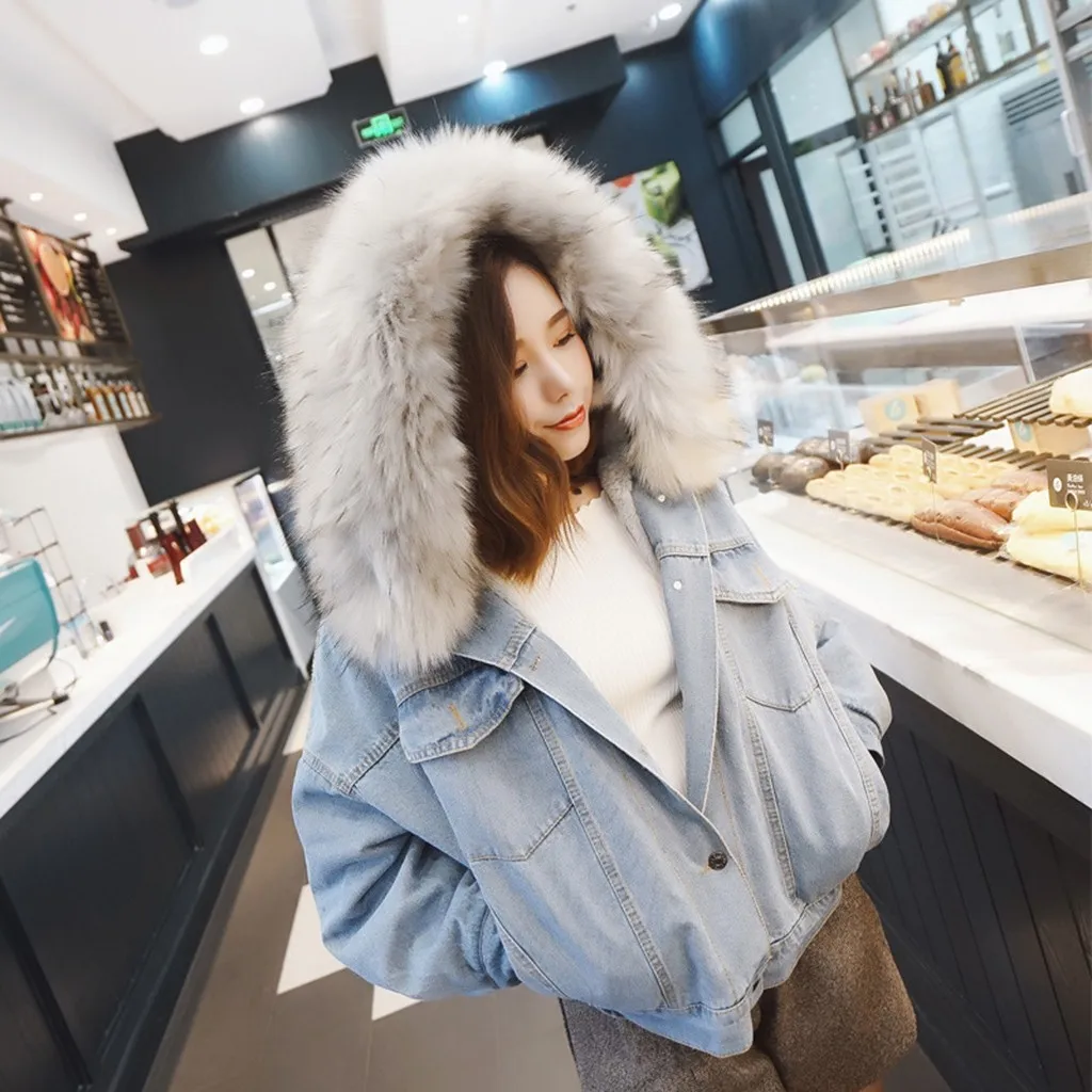

Denim Jacket Fur Collar Warm Parka Winter Basic Bomber Jean Jacket Women Lamb Fur Padded Outerwear Female Thicken Chaqueta#G7