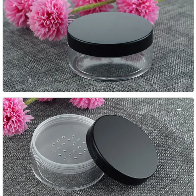 

50g Plastic Loose Powder Jar with Sifter Empty 50g Cosmetic Container Black Matte Cap Makeup Compact