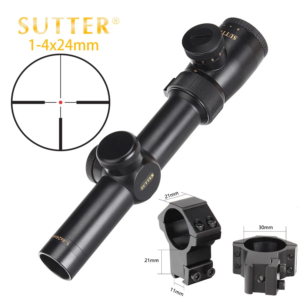 with Dovetail Rings SUTTER 1-4X24 компактные охотничьи оптические прицелы R12 или R29 стеклянная сетка красный осветительный прицел башенки сброс тактический прицел - Цвет: with Dovetail Rings
