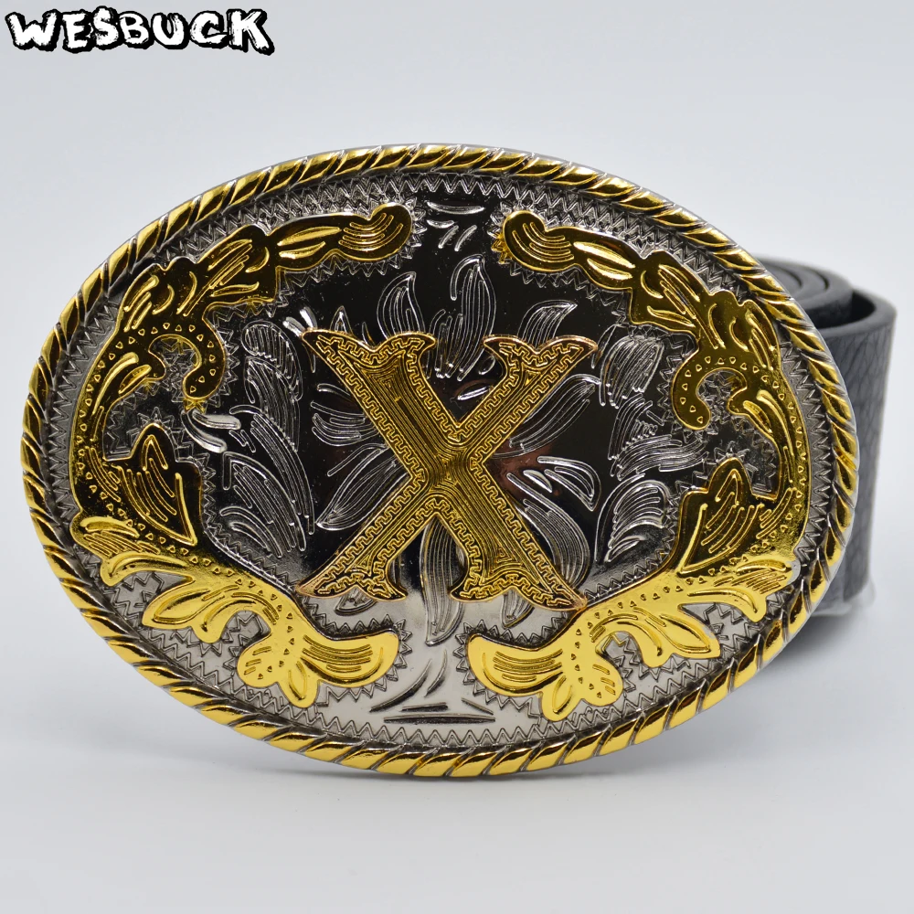 WesBuck новый стиль западные мужские золотые буквы X пряжка ремня с овальным