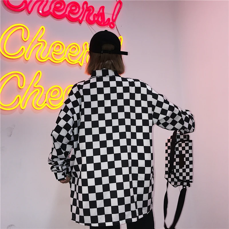 Женская черная и белая клетчатая Свободная рубашка с длинными рукавами новинка