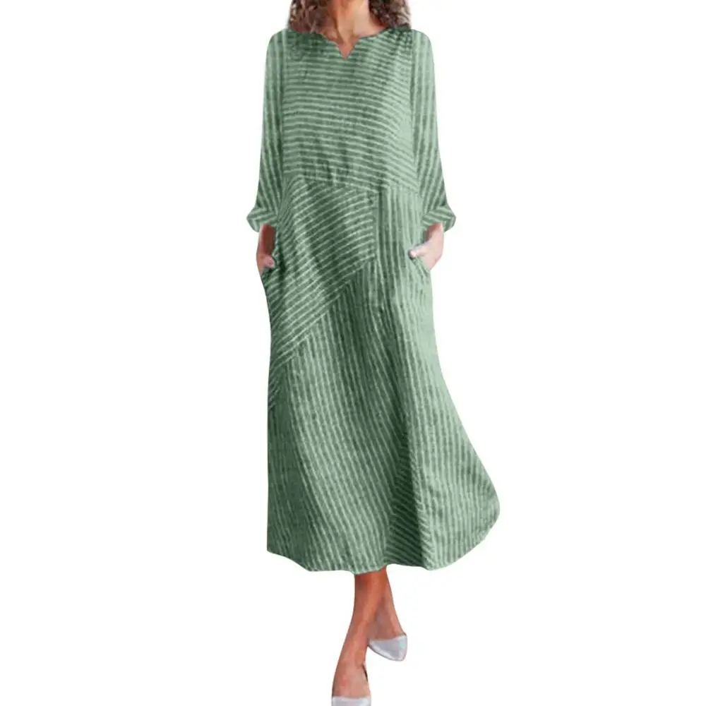 Green long sleeve Feitong Горячая распродажа! Модное простое милое женское повседневное Полосатое платье без рукавов с вырезом лодочкой, льняное длинное платье с карманами Vestidos - Цвет: Green long sleeve