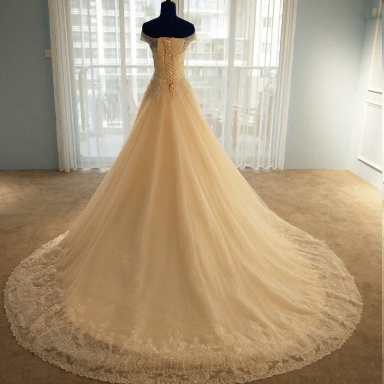 BANVASAC Real Photos Boat Neck A Line Lace Appliques Wedding Dresses 2018 Short Cap Sleeve Plus Size Court Train Bridal Gowns | Свадьбы и
