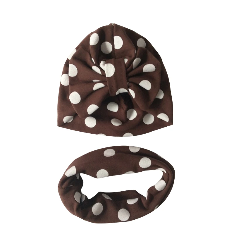 brown dot Хлопковая детская шапка с большим бантом, шапка для маленьких девочек с бабочкой, индийская шапка, шарф, комплект, детские зимние шапки, шапка s - Цвет: brown dot