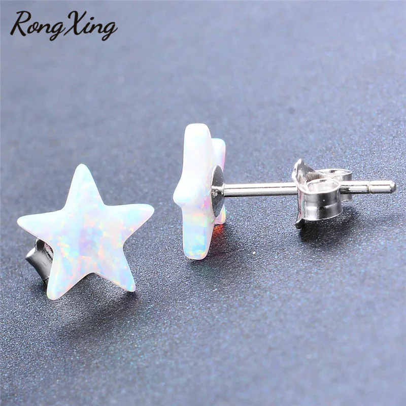 

RongXing Cute Star Blue/White Fire Opal Stud Earrings For Women Silver Color Wedding Jewelry Fashion Earrings Ear0659