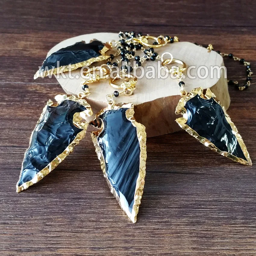 _ Оптовая продажа ожерелье в виде стрелы из черного необработанного обсидиана с