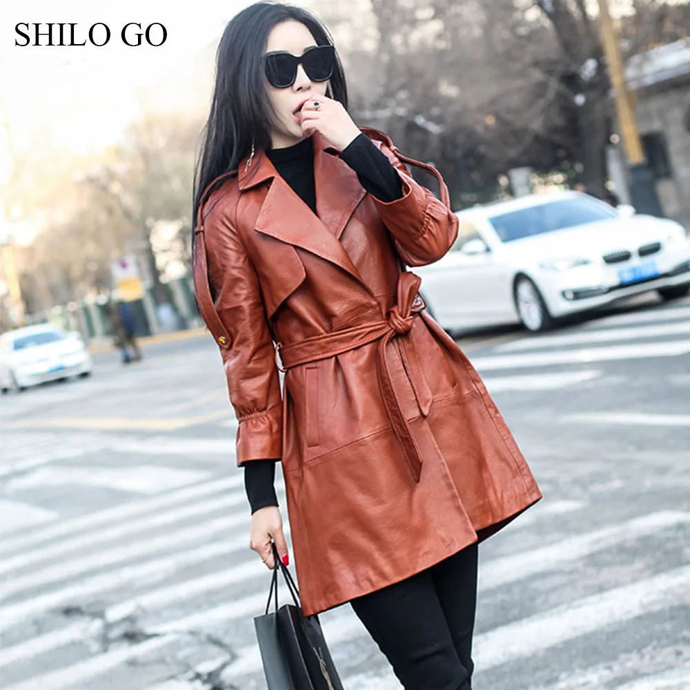 Тренч SHILO GO Женский из натуральной овчины длинный с отворотом и бантом на ремне