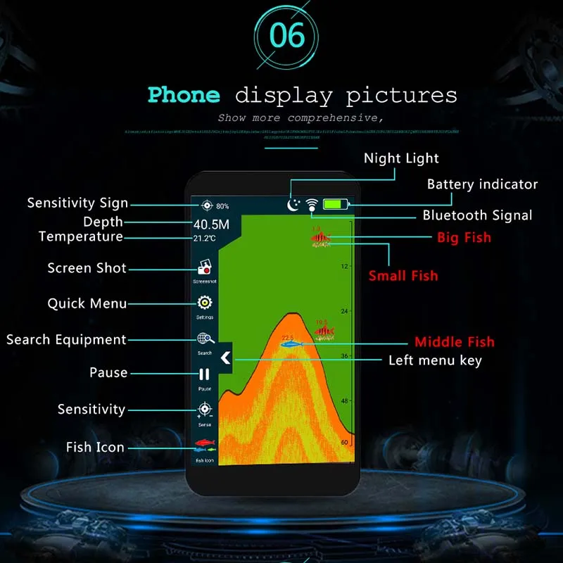 Erchang F3W Portable Fish Detector Fishing Echo Sounder 48M/160Ft Sonar Sensor Depth Fish Finder Fishing Alarm Ios And Android