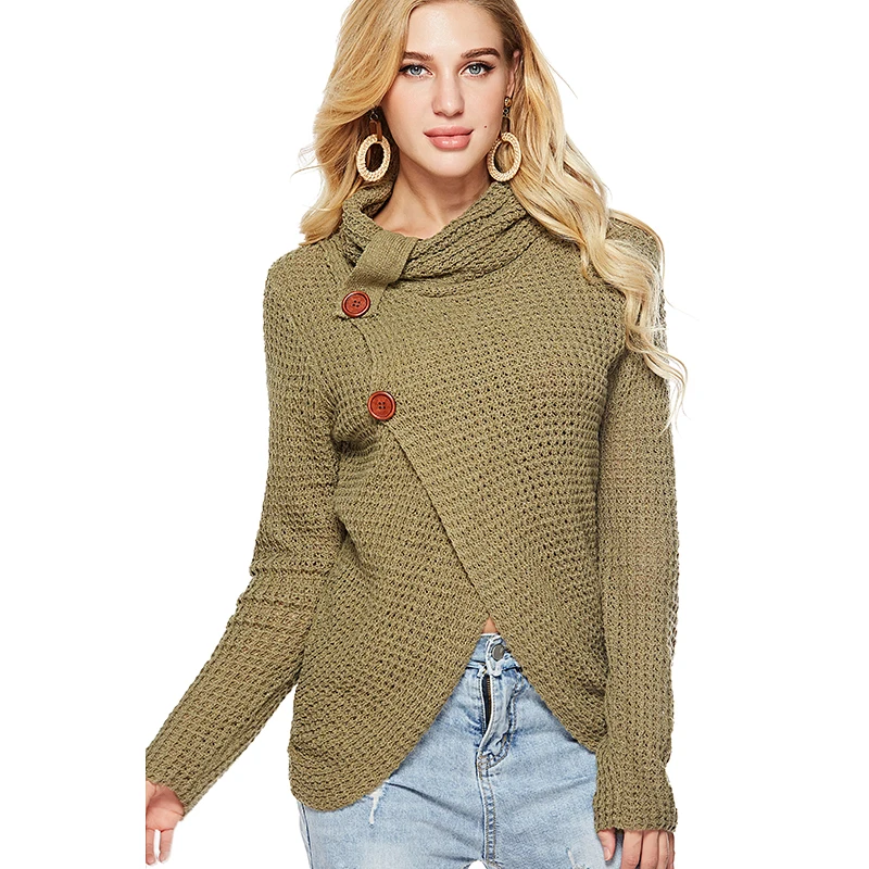 Gold Hands New Autumn And Winter Long Sleeve Pullovers Knitting Loose High Neck Split Sweater Female Button Tops Free | Женская одежда
