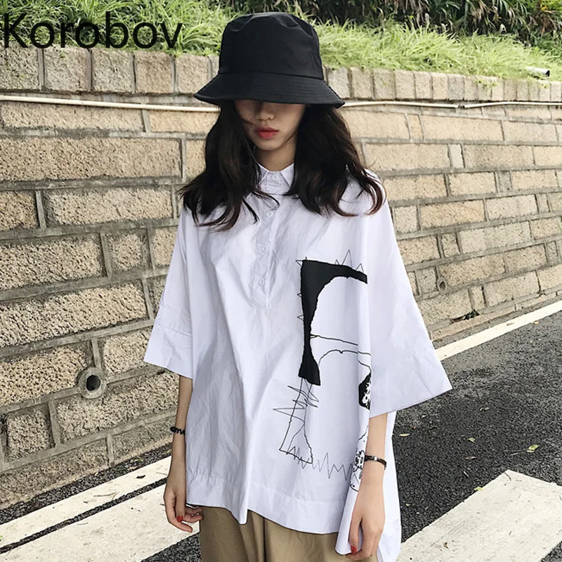 Korobov 2020 Лето Новое прибытие Harajuku рубашка кнопка отложной воротник Ulzzang рубашки