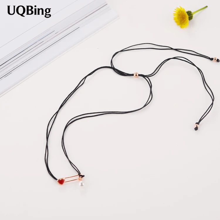 

Red Heart Black Rope Necklaces With Pearl Pendant Necklace Jewelry Collar Colar de Plata