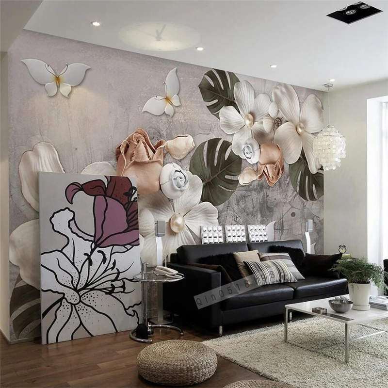 beibehang Custom 3d wallpaper three-dimensional relief white four pearl flower wall paper background home decoration | Обустройство