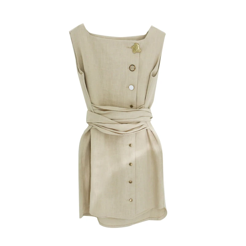 Женское винтажное платье с пуговицами поясом и круглым вырезом без рукавов из