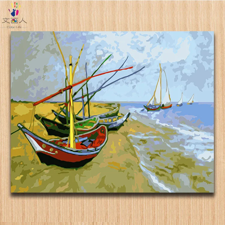 Yacht boat Blue ocean pictures painting by numbers with colors modren simple canvas paintings for children | Дом и сад