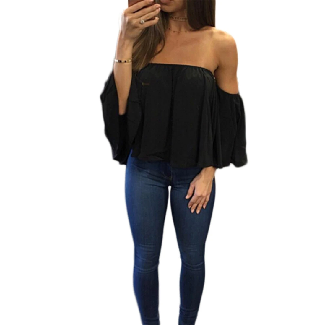 YJSFG домашняя Сексуальная женская шифоновая блузка с вырезом лодочкой рубашки