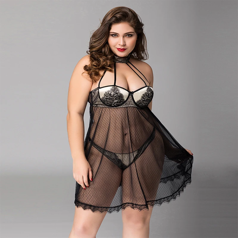 Размера плюс женское сексуальное прозрачное черное нижнее белье Babydoll