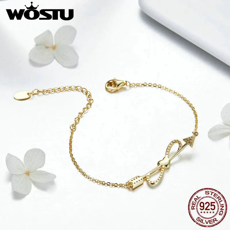 WOSTU хит продаж 100% Стерлинговое Серебро 925 пробы золотой цвет браслеты с бантом для