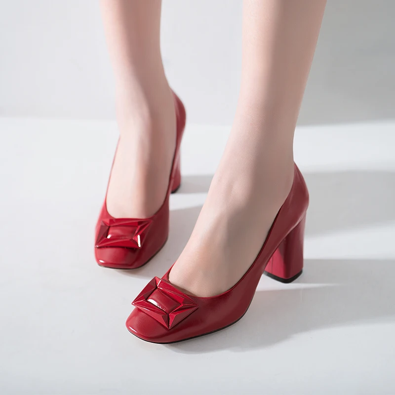 S.Romance Women Pumps Genuine Leather Fashion Elegant Square Toe Slip-On Strange Heels Woman Shoes Black Red Nude SH455 | Обувь