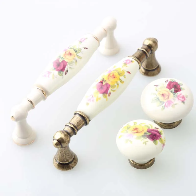 96 мм Модные Винтажные сельские картины керамические ручки для мебели белый шкаф